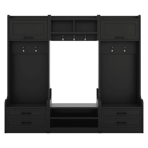 4-in-1 Detachable Hall Tree With Storage And 7 Hooks, Multiple Functions Hallway Coat Rack With Storage Drawers And Cabinet, Black Shoe Bench For Entryway Hallway 2