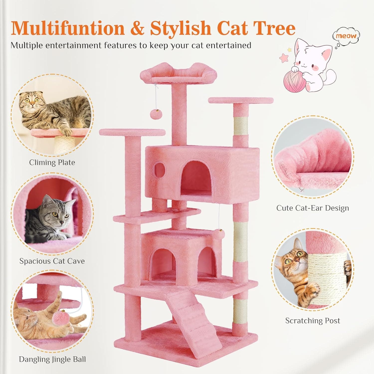 54 -Cat Tree Tower - Multi-level With Sisal Grab Post, Indoor Apartment With Ladder, Plush Toys, Rest And Play 4