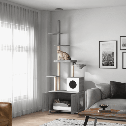 PawHut Cat Tree With Litter Box Enclosure, 2 In 1 Floor To Ceiling Cat Tower Litter Box Furniture With Condo, Bed, Hammock, Scratching Posts, And Platforms For Indoor Use, Gray 3