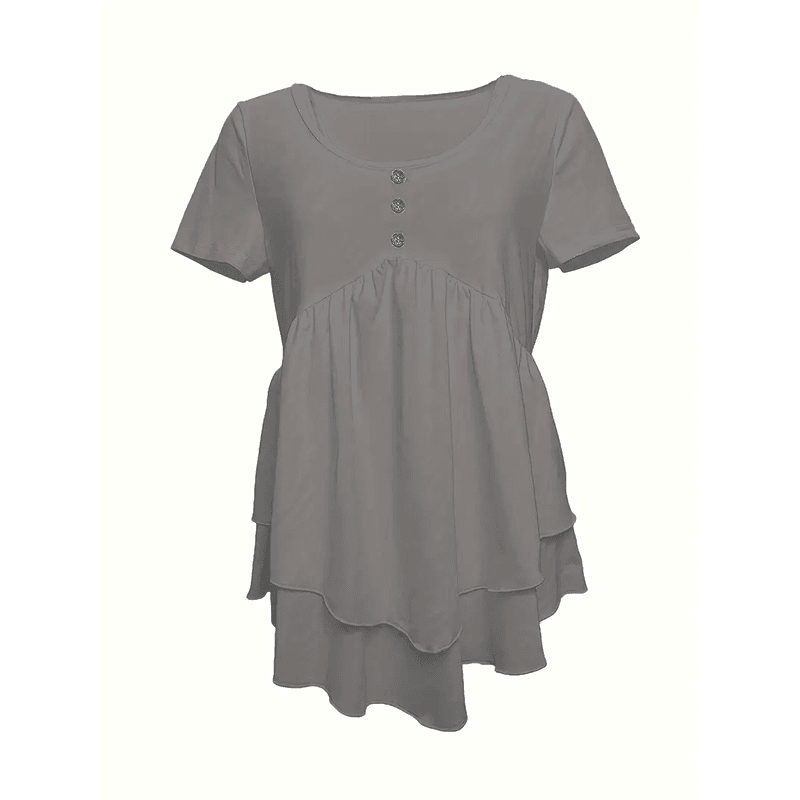 Women's Solid Color Button Front Tunic Top Casual Loose Fit Crew Neck Summer Blouse T-Shirt 3