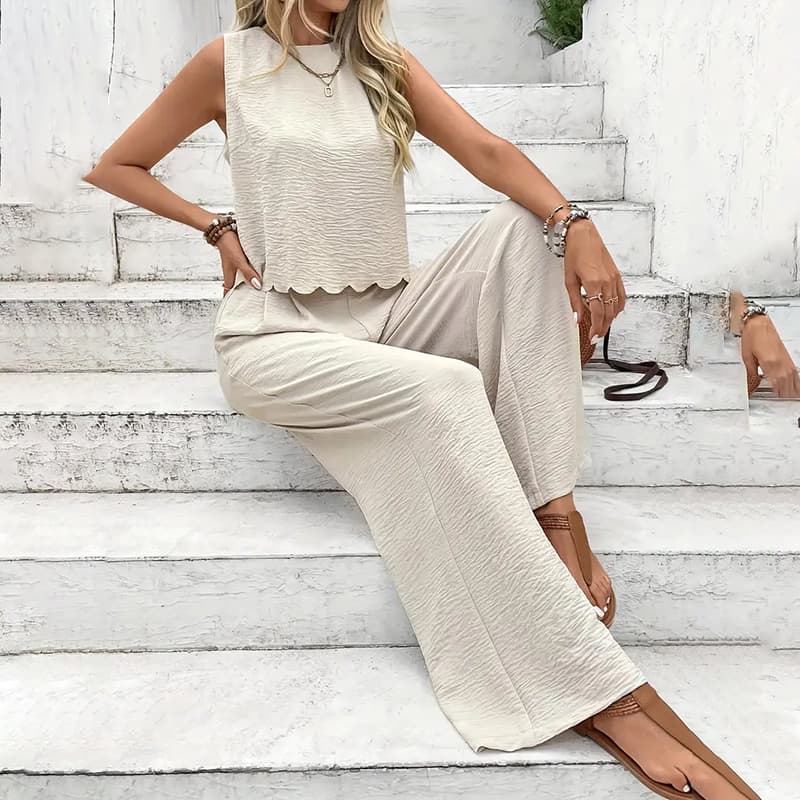Women's Elegant 2-Piece Matching Set, Sleeveless Crop Top And Wide Leg Pants Outfits 3