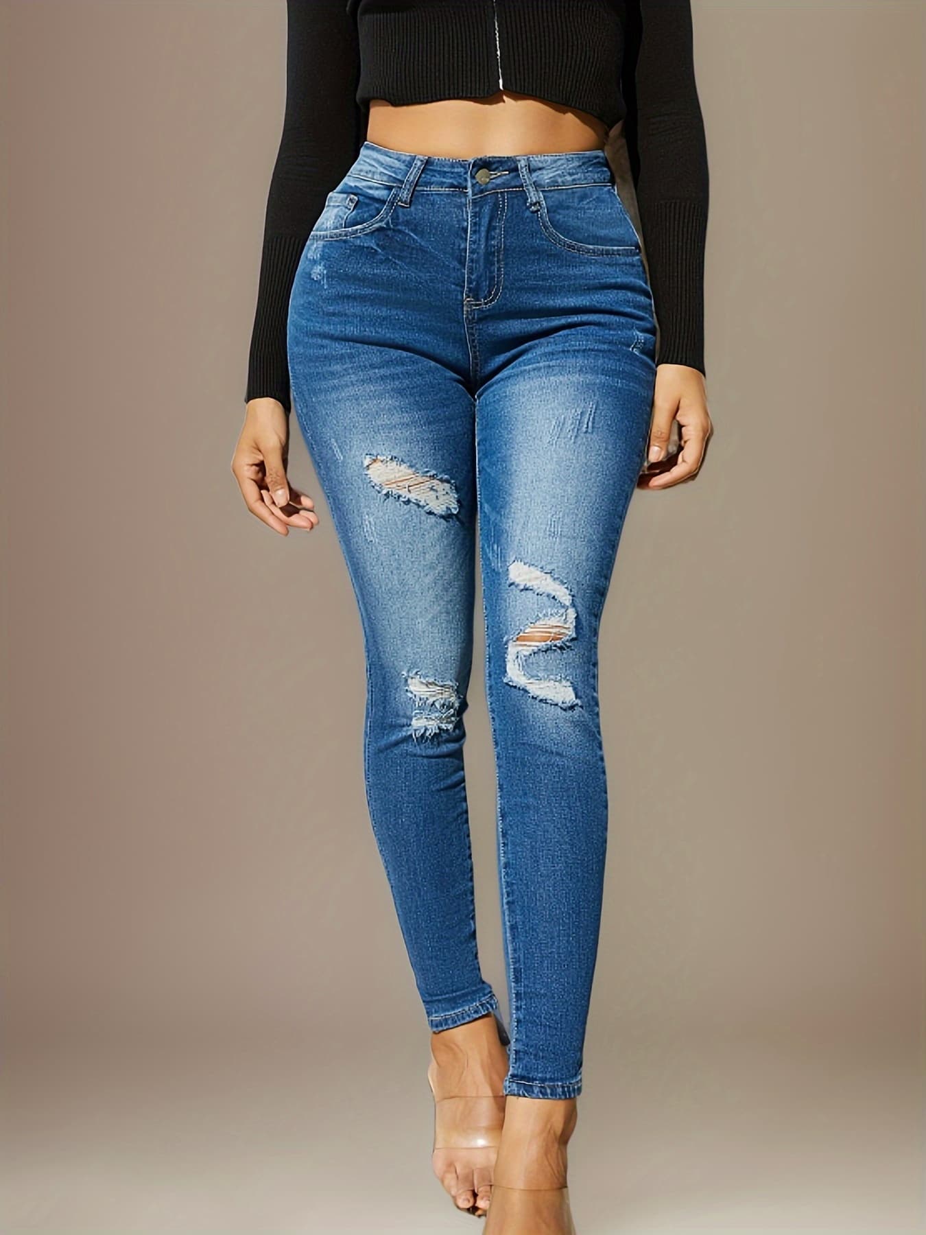 New Fashion Stylish Women’s Skinny Fit Jeans - High-Waist, Frayed Hem, Distressed Washed Denim Pants With Stretch For Comfortable Street Style Fashion - Women Clothing 4