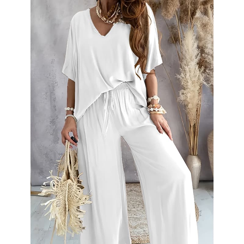 Women's 2 Piece Outfit, Casual Solid Color V-Neck Half Sleeve Top And Wide Leg Pants Lounge Set 5