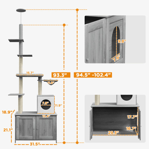 PawHut Cat Tree With Litter Box Enclosure, 2 In 1 Floor To Ceiling Cat Tower Litter Box Furniture With Condo, Bed, Hammock, Scratching Posts, And Platforms For Indoor Use, Gray 4