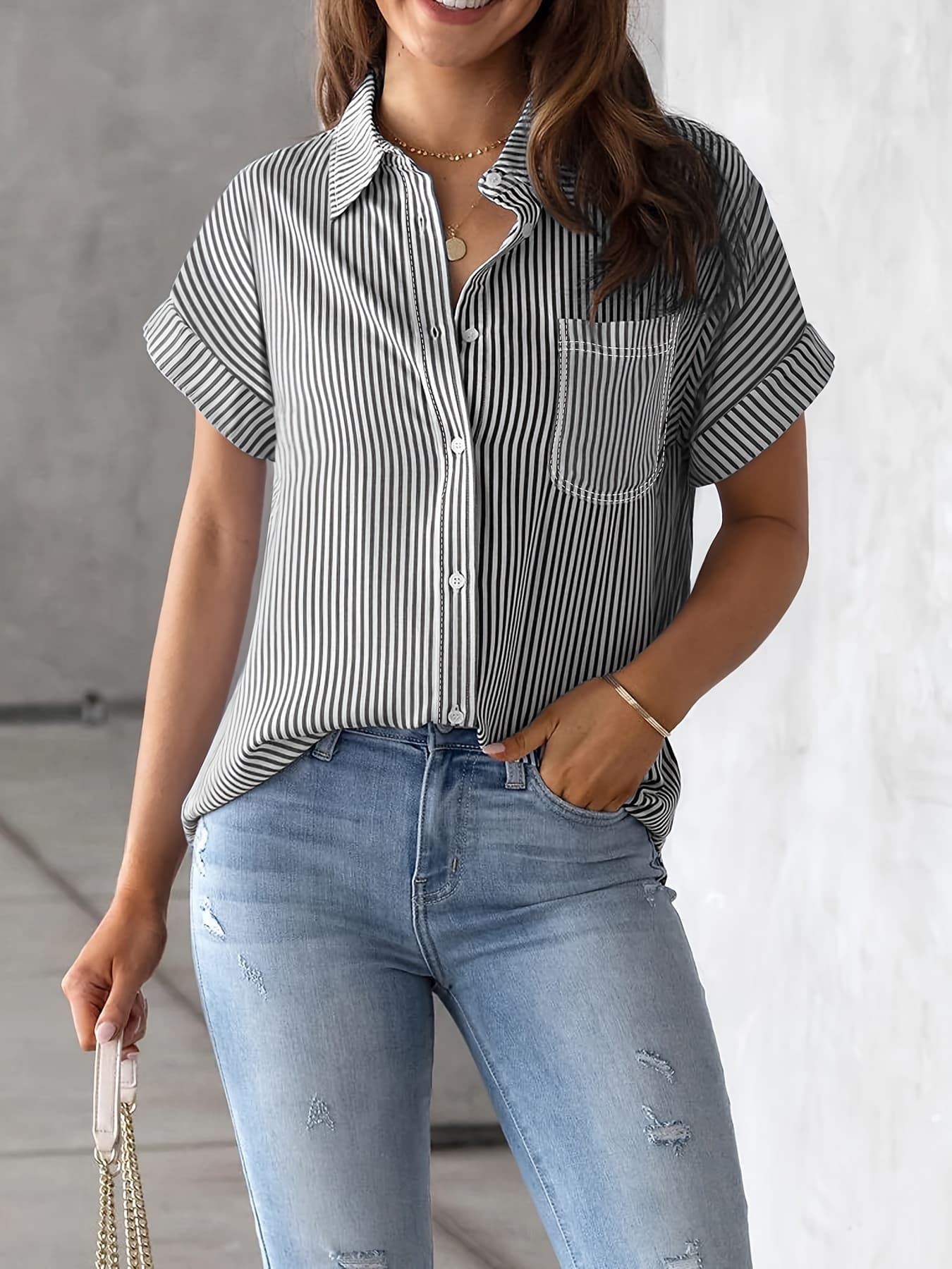 Vertical Striped Button Front Shirt, Stylish Short Sleeve Shirt For Spring & Summer, Women's Clothing 2
