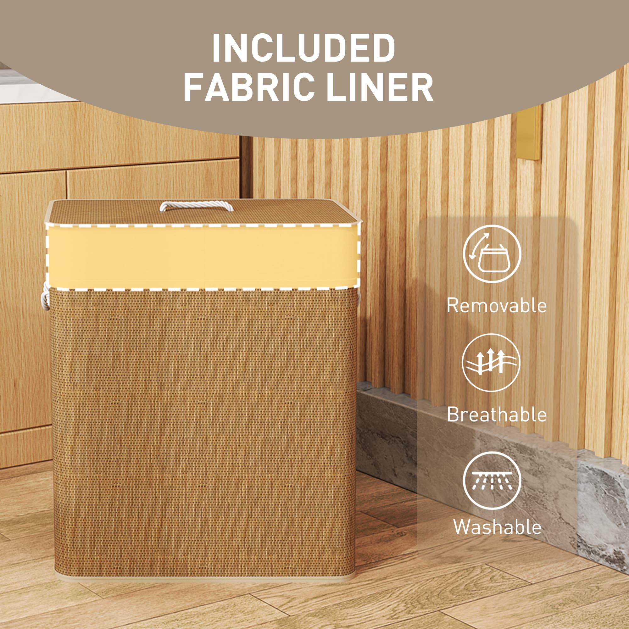 Double Laundry Basket With Lid, 26.4 Gallon Bamboo Laundry Hamper With Rope Handles And Removable Liner, Brown 4