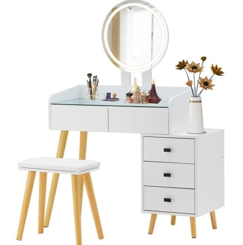 Dressing Table With LED Lights Glass Top Dressing Table With Extendable Side Table 5 Drawers Dressing Table With Mirror And Stool For Bedroom 2