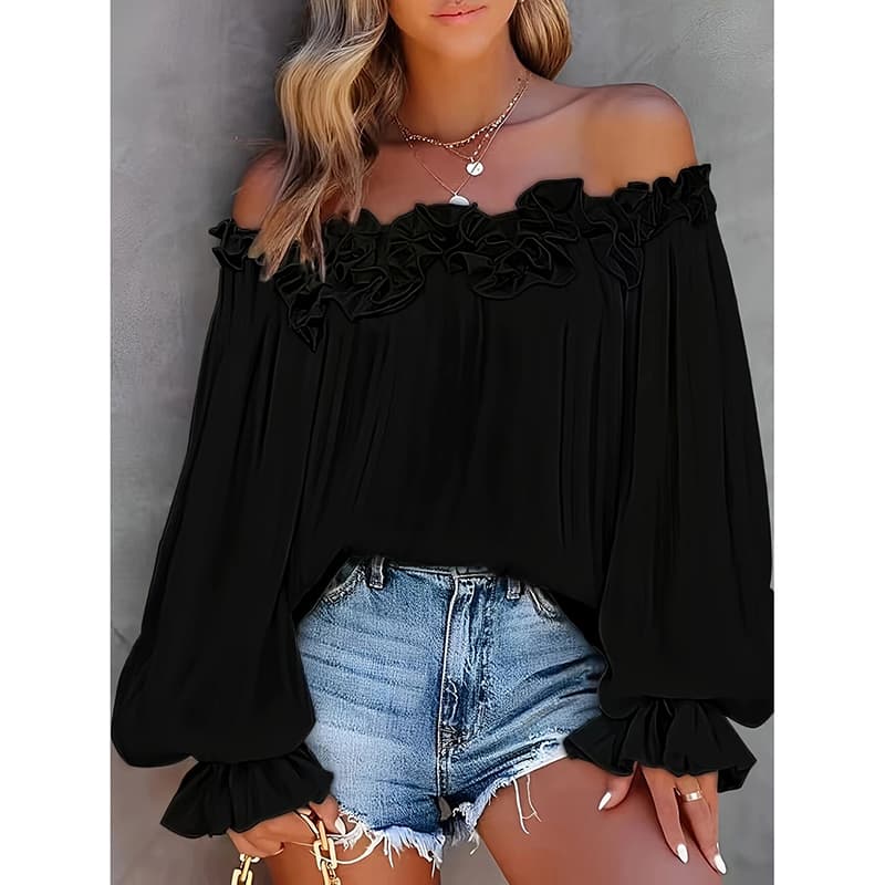 Women's Summer Off Shoulder Top Ruffle Long Sleeve Blouse Casual Loose Shirts 3