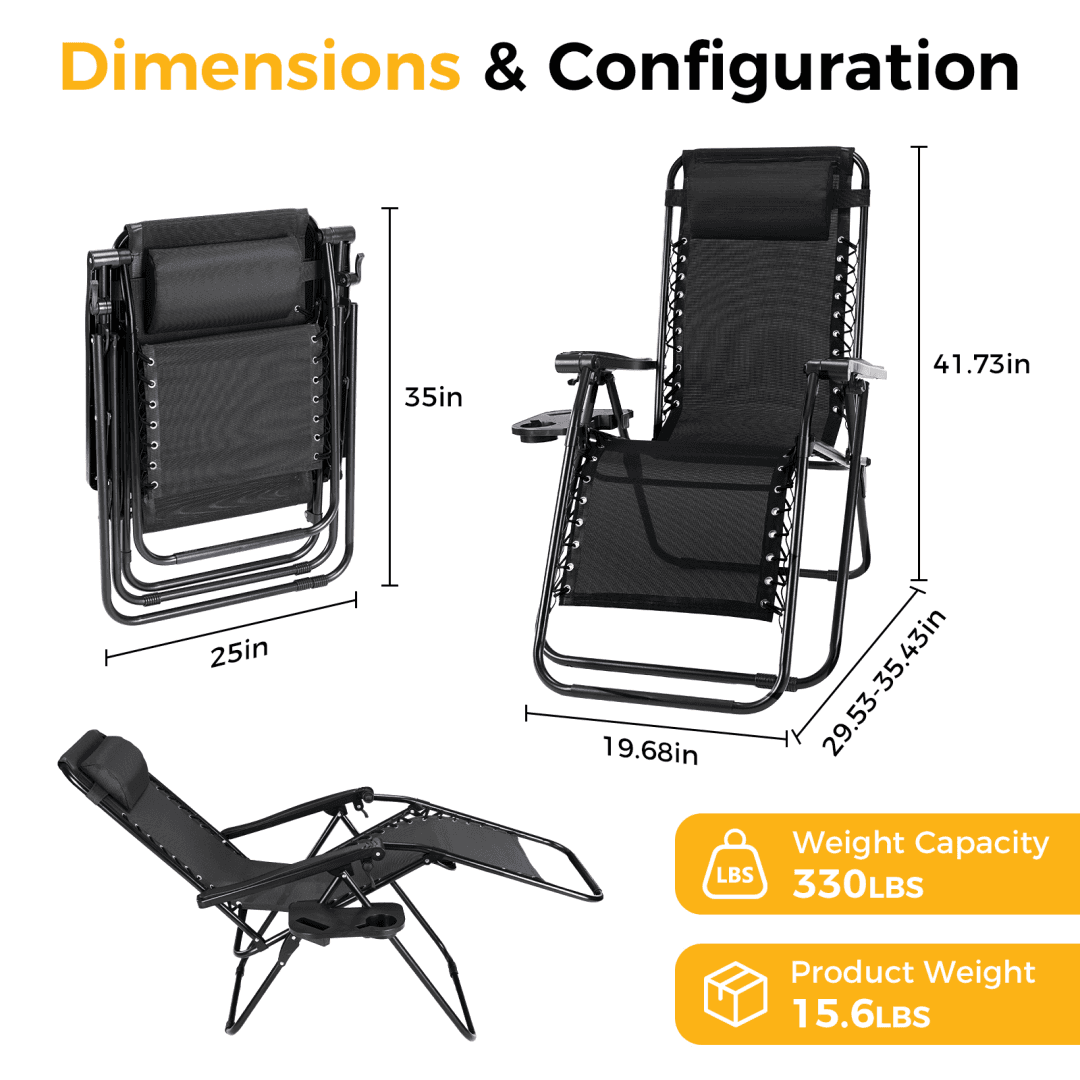 Set Of 2 Zero Cravity Lounge Chairs,Outdoor Patio Folding Recliners For Pool Beach With Pillow And Cup Holder