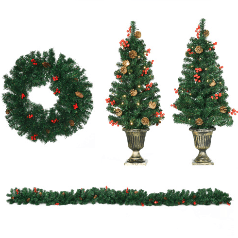 HOMCOM Prelit Holiday Christmas 4-Piece Set, Garland Wreath And Set Of 2 Entrance Trees With Warm White LED Lights, Red Berries, Pine Cones, Green 5
