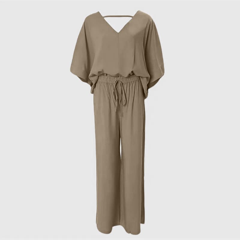 Women's 2 Piece Outfit, Casual Solid Color V-Neck Half Sleeve Top And Wide Leg Pants Lounge Set 3