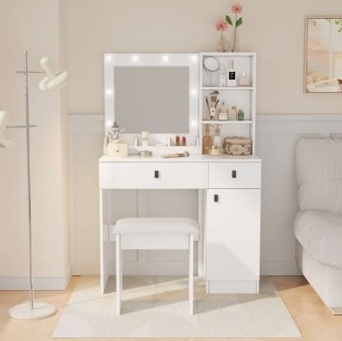 Vanity Desk With Lights, Vanity Set With Mirror, Makeup Vanity Desk With Large Drawers  Three Level Storage Dreeser, VanitysVanities With 3 Lights Brightness Adjustable For Bedroom, White 5
