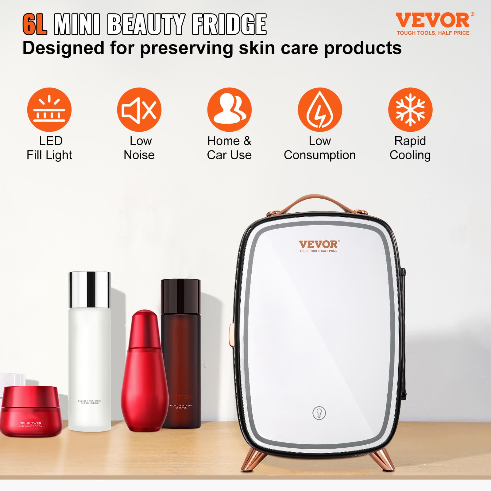 Vevor Mini Fridge, 6L Skincare Fridge With LED Light And HD Mirror, AC DC Makeup Fridges For Skin Care, Cosmetic Storage, Chill Face Mask Drink,  Small Refrigerator For Bedroom Dorm Desktop, Black 2