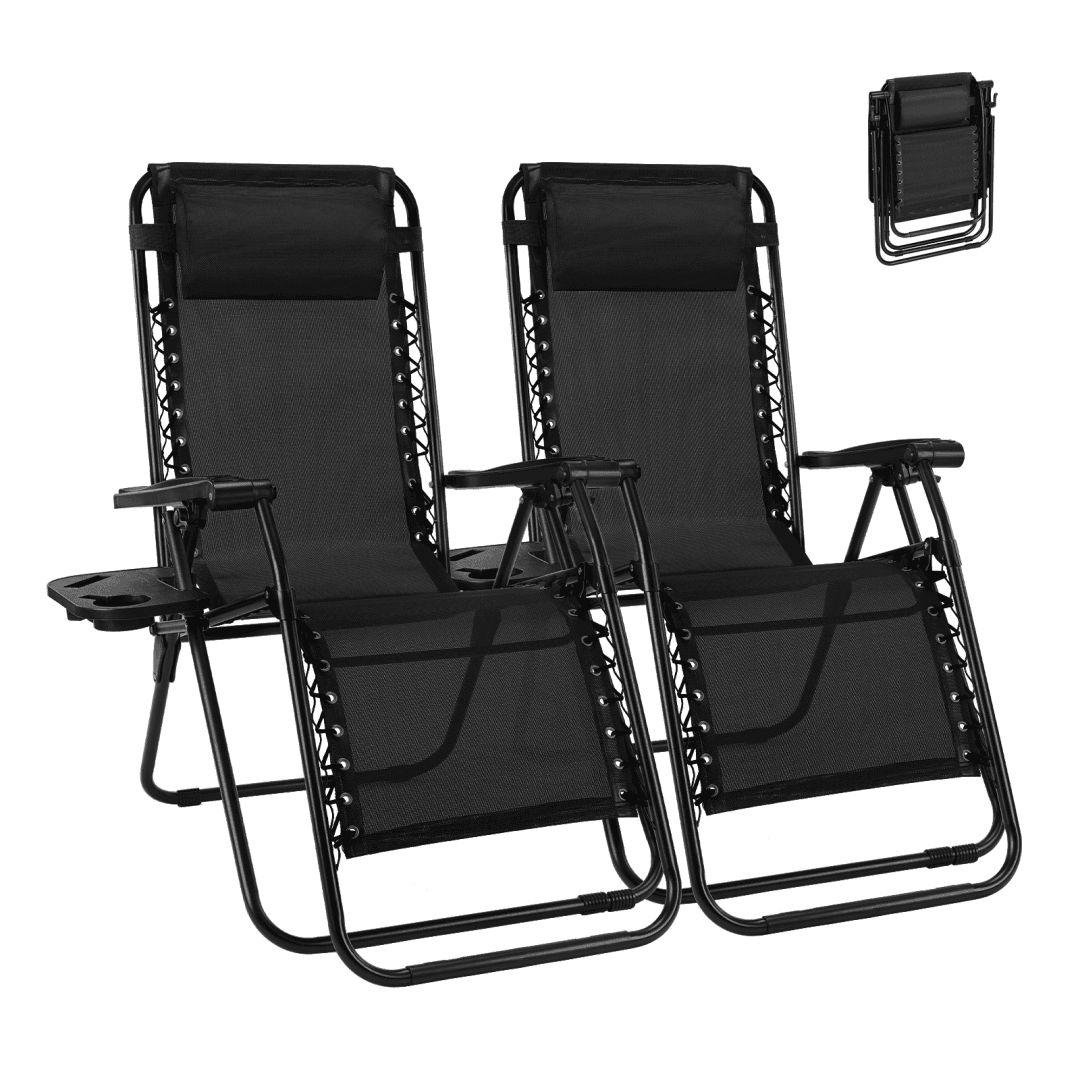Set Of 2 Zero Cravity Lounge Chairs,Outdoor Patio Folding Recliners For Pool Beach With Pillow And Cup Holder 5