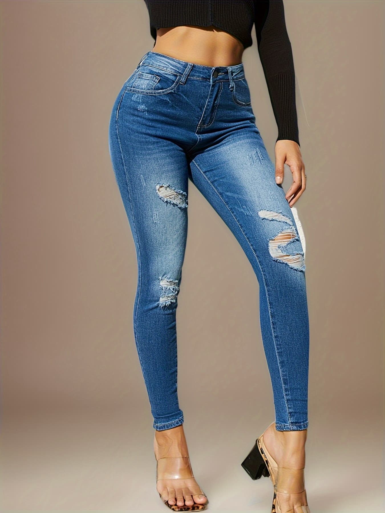 New Fashion Stylish Women’s Skinny Fit Jeans - High-Waist, Frayed Hem, Distressed Washed Denim Pants With Stretch For Comfortable Street Style Fashion - Women Clothing 3