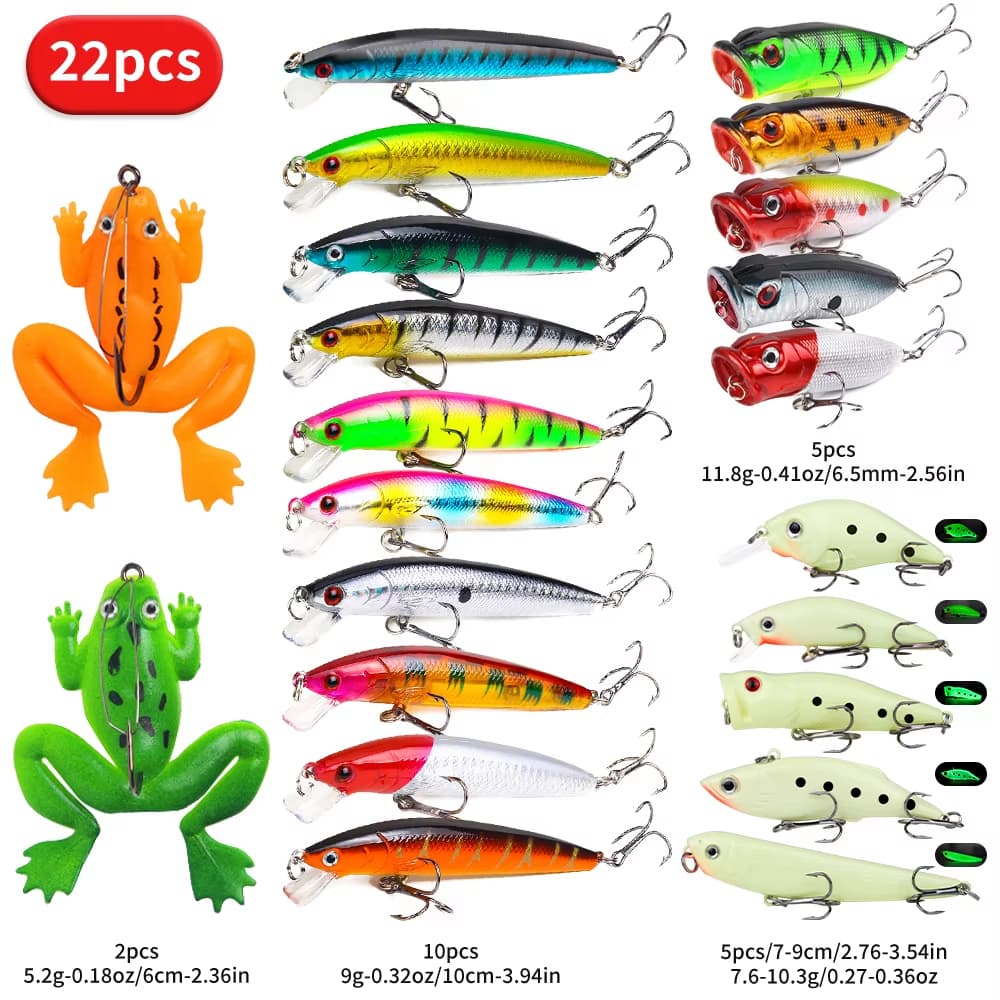 22pcs 1set Hard Lure Bait Soft Frog Popper Minnow Pencil VIB Luminous Lure Kit Durable Hooks Realistic Action Ideal 5