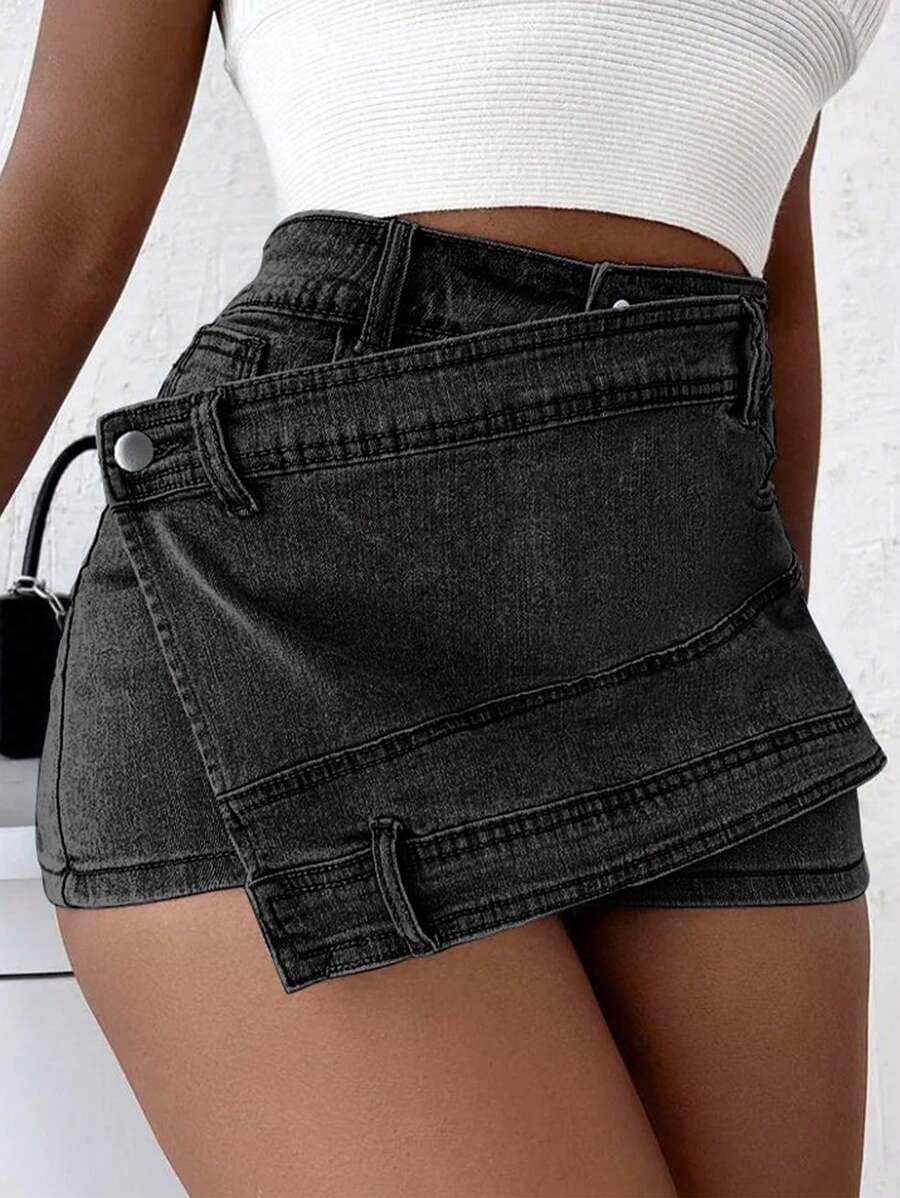 Grunge Punk Street New Vintage Stretchy Overlap Waist Wrap Asymmetric Hem A-Line Skinny Denim Skorts Halloween Clothes Jeans 3