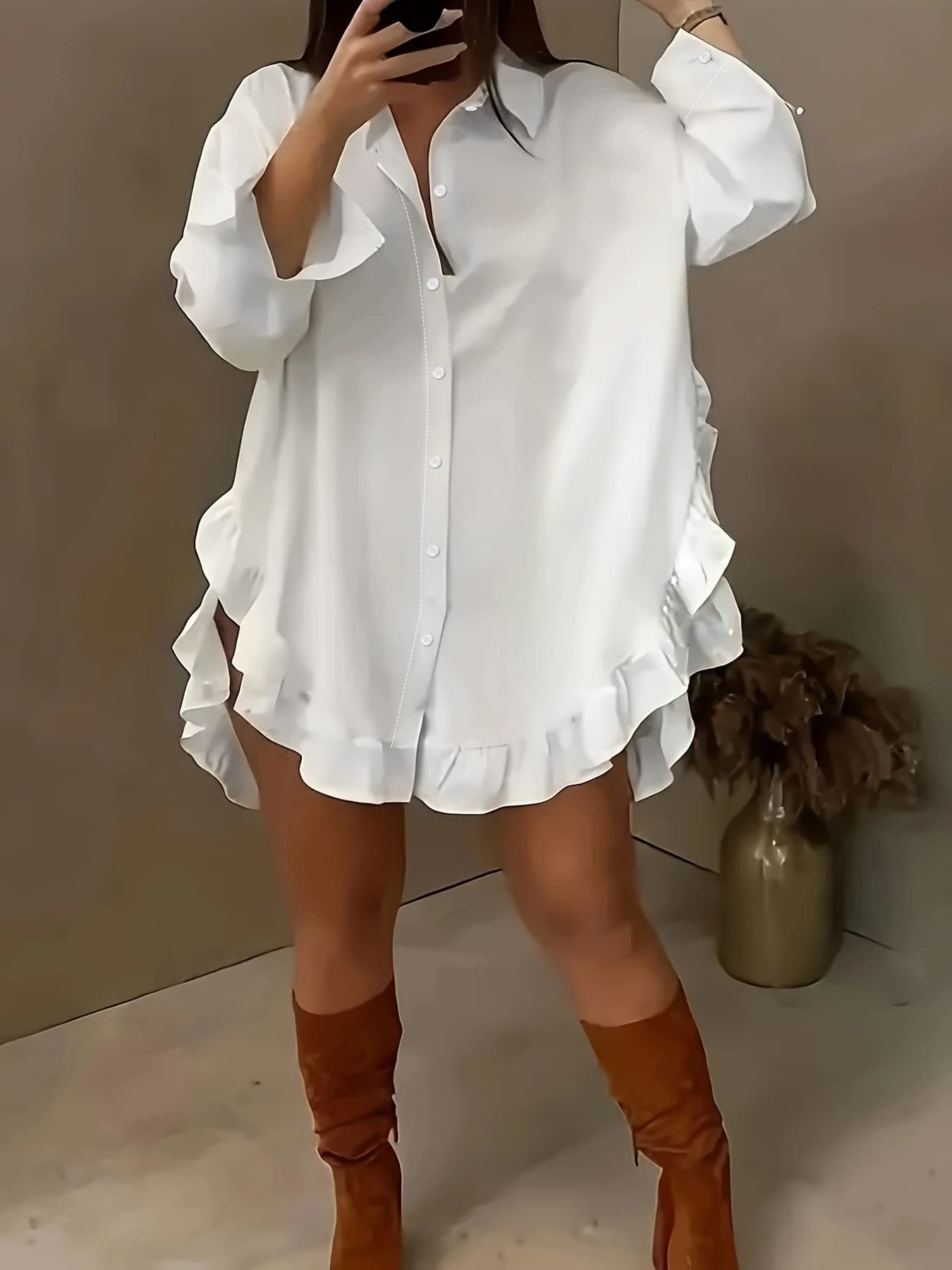 Women's Plus Size Casual Shirt With Ruffle Hem, Solid Color, Woven Polyester, Non-Stretch, Pointed Collar, Button Front, For All Seasons 2
