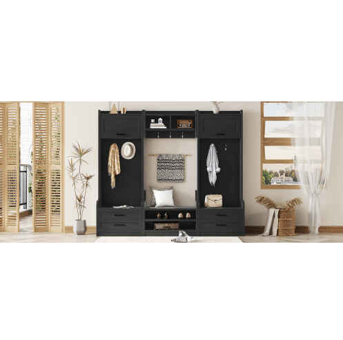 4-in-1 Detachable Hall Tree With Storage And 7 Hooks, Multiple Functions Hallway Coat Rack With Storage Drawers And Cabinet, Black Shoe Bench For Entryway Hallway 5