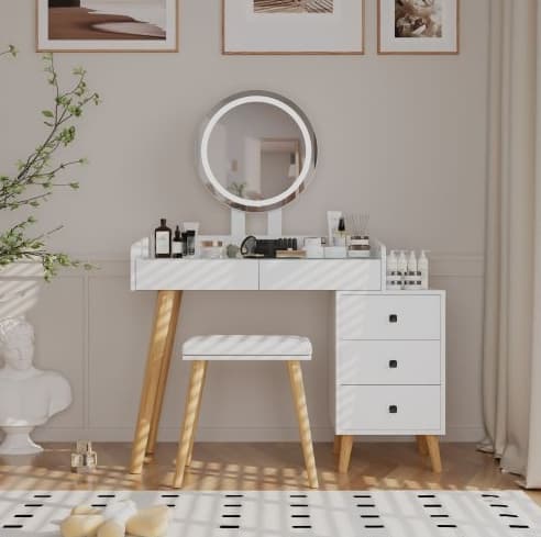 Dressing Table With LED Lights Glass Top Dressing Table With Extendable Side Table 5 Drawers Dressing Table With Mirror And Stool For Bedroom 4